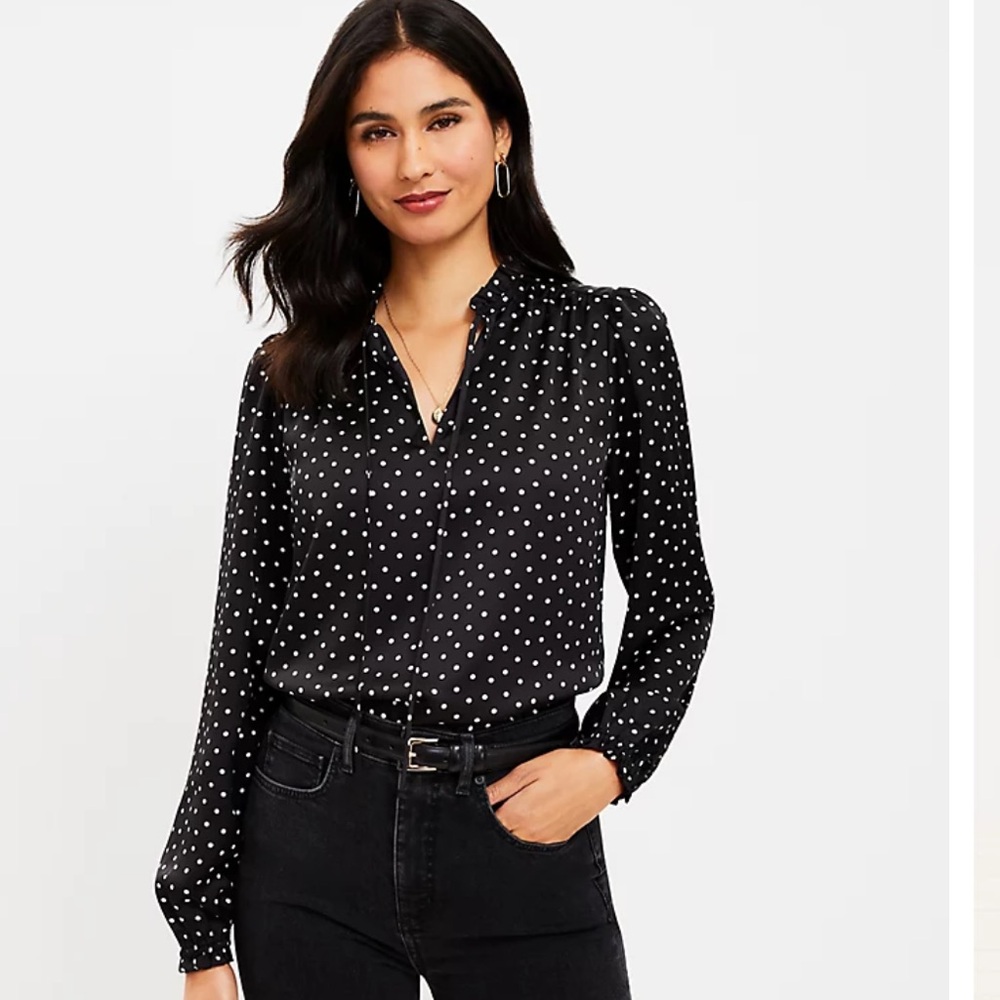 Loft Dotted Ruffle Tie Neck Blouse